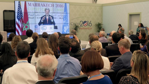 John Kerry, durante su conferencia este miércoles en la Cumbre del Clima de Marrakech. EFE