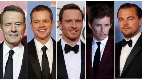 Los actores candidatos a Oscar 2016 como protagonista, de izquierda a derecha: Bryan Cranston, Matt Damon, Michael Fassbender, Eddie Redmayne, y Leonardo DiCaprio. REUTERS