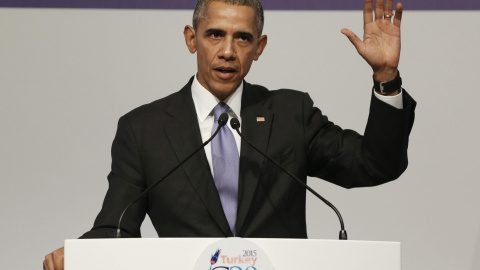 El presidente estadounidense, Barrack Obama, durante una rueda de prensa con motivo de la décima cumbre del G20 celebrada en Antalya .- EFE