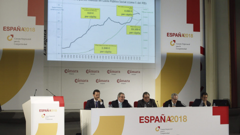 El presidente de Telefónica y del Consejo Empresarial para la competitividad, César Alierta, en la presentación del informe 'España 2018'. EFE/Javier Belver