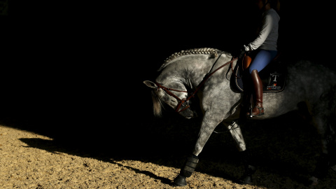 Una mujer monta un purasangre durante la Pre Feria Internacional de caballos, la cual es dedicada única y exclusivamente a esta raza española en Sevilla. REUTERS/Marcelo del Pozo