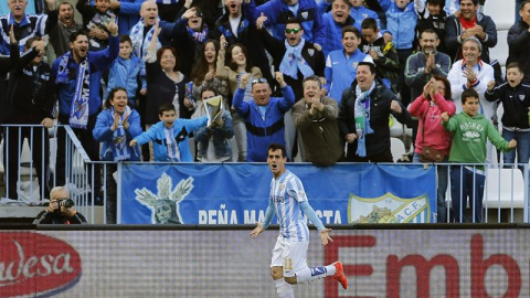 El delantero del Málaga Juanmi, celebra un gol ante el Córdoba la pasada jornada de Liga. /EFE