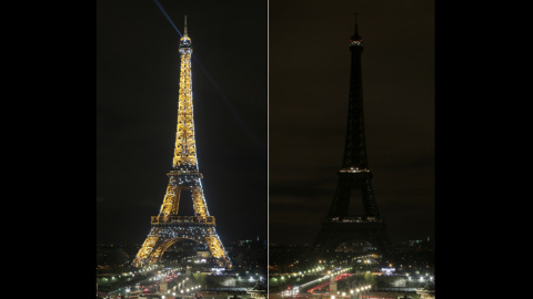 La Torre Eiffel, en París, antes y durante la Hora del Planeta. - AFP