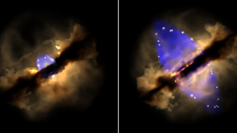 Gestación de un jet en una protoestrella de gran masa. Simulación de una eyección episódica en la protoestrella masiva W75N(B)-VLA 2. La eyección inicial en múltiples direcciones (izquierda) se transforma en una eyección colimada (derecha) 