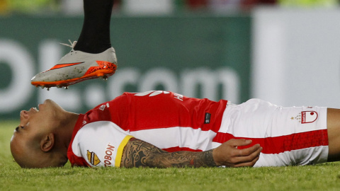 Omar Pérez de Colombia Santa Fe reacciona durante el partido de fútbol  en la Copa Sudamericana en Bogotá. REUTERS / John Vizcaino