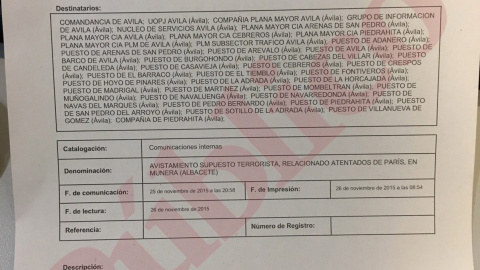 Comunicación interna de la Guardia Civil en la que se informa del avistamiento del supuesto Salah Abdeslam.