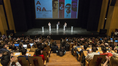 Vista de general del debate electoral que ha organizado la Universidad Carlos III de Madrid con candidatos a la presidencia del Gobierno de Ciudadanos, Albert Rivera, y de Podemos, Pablo Iglesias. EFE/Emilio Naranjo