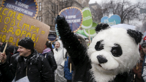 Un manifestante disfrazado de panda en Kiev , Ucrania. REUTERS / Valentyn Ogirenko