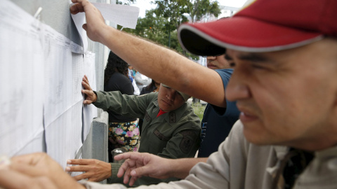 Ciudadanos venezolanos consultan su lugar de votación en un colegio electoral de Caracas. REUTERS/Carlos Garcia Rawlins