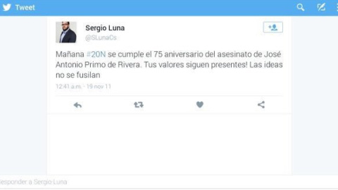 Pantallazo de los mensaje de Sergio Luna, portavoz de C's en Soto del Real, publicada por una de las cuentas 'fake' de Ciudadanos en Twitter