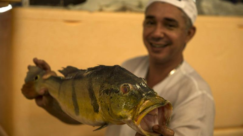 Un vendedor sostiene un pez Tucunaré en el mercado popular de peces en la ciudad de Manaos, capital del estado brasileño de Amazonas. EFE/Marcelo Sayão