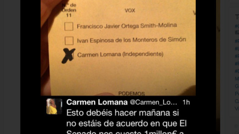 Tweet de Carmen Lomana pidiendo el voto