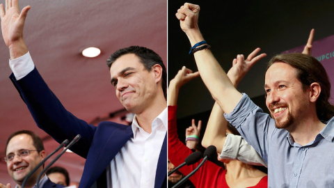 El líder del PSOE, Pedro Sánchez, y el de Podemos, Pablo Iglesias, celebran con sus seguidores los resultados de las elecciones del 20-D. REUTERS