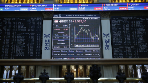 Panel informativo de la Bolsa de Madrid que muestra la evolución del principal indicador de la Bolsa española, el Ibex 35, tras las elecciones del 20-D. EFE/Zipi