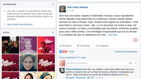 Captura del mensaje publicado por Ada Colau en Facebook.-