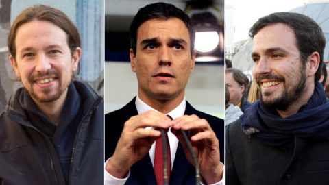 Pablo Iglesias, Pedro Sánchez y Alberto Garzón.