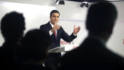 El secretario general del PSOE, Pedro Sánchez, durante la rueda de prensa del miércoles en Ferraz. /EFE