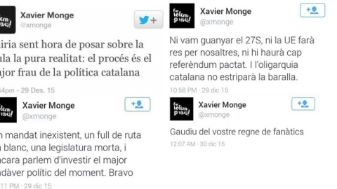 Tuits del ex excabeza de lista de la CUP por Barcelona en las elecciones municipales de 2011, Xavier Monge, criticando la marcha del proceso soberanista.