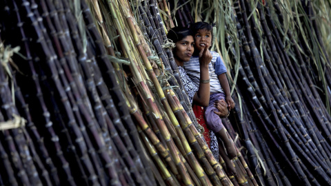 Una vendedora de azúcar de caña sujeta a su hijo en brazos en su puesto construido con cañas de bambú en una carretera de Bangalore (India), el 14 de enero de 2016. La zona sur de la India se prepara para la celebración del Thai Pongal a pa