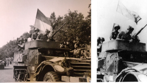 Los soldados de 'La Nueve' desfilan por los Campos Elíseos de París hondeando banderas republicanas, el 26 de agosto de 1944.