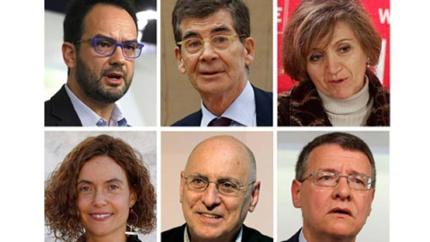 De arriba a abajo, y de izquierda a derecha, Antonio Hernando, José Enrique Serrano, María Luisa Carcedo, Meritxell Batet, Rodolfo Ares y Jordi Sevilla. / EFE