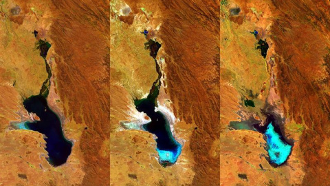 Fotografía facilitada por la Agencia Espacial Europea (ESA), de las imágenes obtenidas por el satélite Proba-V el 27 de abril de 2014, el 20 de julio de 2015 y el 22 de enero de 2016 del lago Poopó de Bolivia./EFE