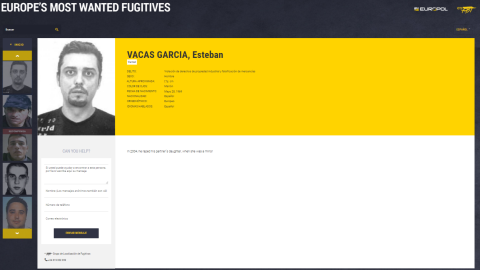 Ficha del español Esteban Vacas, en la página web de Europol de los delincuentes más buscados en Europa.