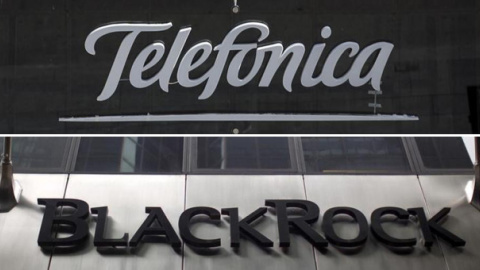 Los logos de Telefónica y de Blackrock, en sus respectivas sedes de Madrid y Nueva York. REUTERS