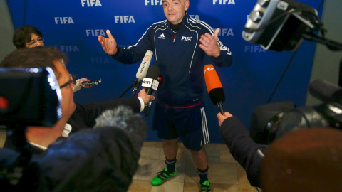 New FIFA President Gianni Infantino addresses the media after a friendly football match at FIFA headquarters in Zurich, Switzerland February 29, 2016. Infantino celebrated his first day in office by organising a soccer match for employees a