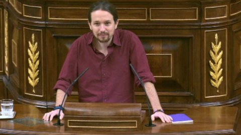 El secretario general de Podemos, Pablo Iglesias, durante su discurso en el Congreso de los Diputados.