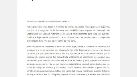 Fragmento de la carta de dimisión del secretario de organización de Podemos en Madrid, Emilio Delgado, publicada en su blog personal.