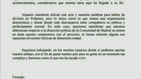 Imagen de la carta de los nueve miembros del consejo autonómico de Podemos en Madrid en la que anuncian que abandonan sus cargos