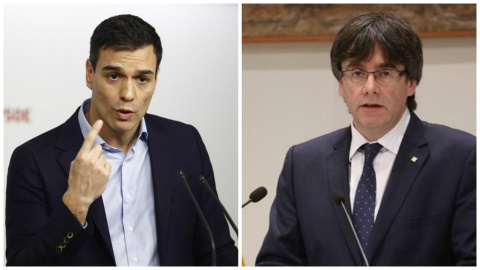 El líder del PSOE, Pedro Sánchez, y el president de la Generalitat, Puigdemont. EUROPA PRESS.