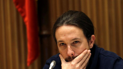 El secrerario general de Podemos, Pablo Iglesias, durante la jornada 'Análisis, Retos y Perspectivas en la Aplicación de la Ley 45/07 de Desarrollo Sostenible del Medio Rural', organizada por el Grupo parlamentario Podemos-En Comú Podem-En 