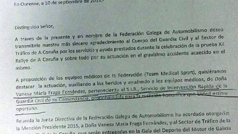 Carta del presidente de la Federación Gallega de Automovilismo en la que felicita a los agentes y propone una condecoración para Vanesa Fraga.