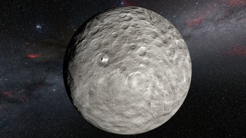 Ilustración de Ceres a partir de las imágenes captadas por la sonda Dawn de la NASA. Los puntos brillantes se observan en el cráter Occator y en otros lugares del planeta enano. / ESO/L.Calçada/NASA/JPL-Caltech/UCLA/MPS/DLR/IDA/Steve Albers