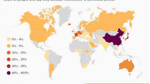 Mapa, según el estudio, de las regiones del mundo con más ateos convencidos.- THE INDEPENDENT