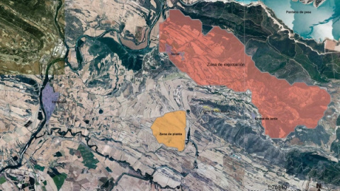 El plano, incluido por Geoalcali en la solicitud del permiso para abrir la mina, muestra las dimensiones de la explotación proyectada y su cercanía al embalse de Yesa, cuya presa, que se asienta sobre una falla, lleva una década en fase de 