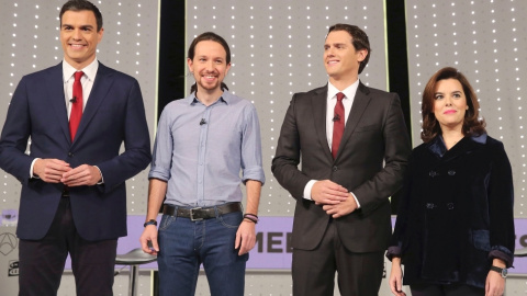 Pedro Sánchez, Pablo Iglesias, Albert Rivera y Soraya Sáenz, en el debate de Atresmedia.