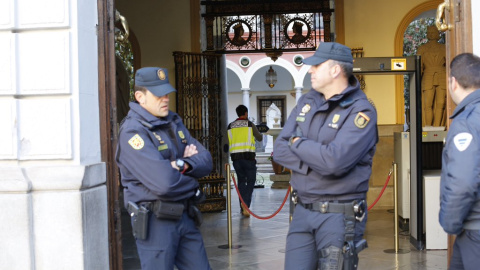 Dos agentes de Policía custodian la entrada principal del Ayuntamiento de Granada. / Twitter Ideal de Granada