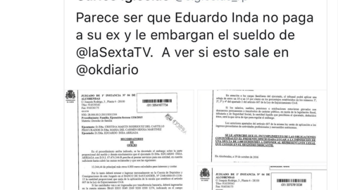 Tuit sobre el embargo de sueldo a Inda