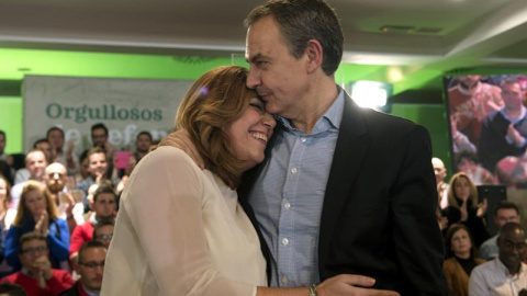 La secretaria general del PSOE andaluz y presidenta de la Junta, Susana Díaz, y el expresidente del Gobierno José Luis Rodríguez Zapatero participan en un acto de partido que conmemora el décimo aniversario de la aprobación de la Ley de Dep