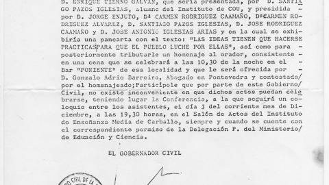 Permiso del Gobierno Civil de A Coruña para la celebración de la conferencia a cargo de Tierno Galván en 1976.