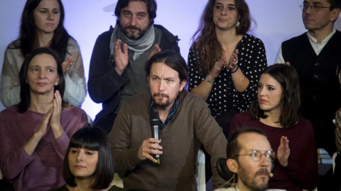 El secretario general de Podemos, Pablo Iglesias, durante el acto de presentación de la propuesta 'Podemos para todas'.  EFE/Luca Piergiovanni