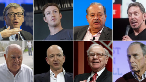 De izd. a der. y de arriba abajo:  Bill Gates, Mark Zuckerberg, Carlos Slim, Larry Ellison, Amancio Ortega, Jeff Bezos, Warren Buffett y Michael Bloomberg / REUTERS