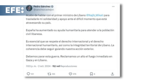 Sánchez traslada su apoyo a su homólogo libanés y pide respeto a la integridad territorial