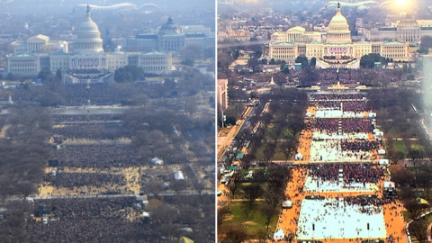 A la izquierda, el Mall de Washington durante la toma de posesión de Barack Obama en 2009; y a la derecha,durante la ceremonia de Donald Trump.