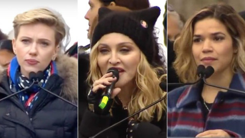 De izquierda a dercha: Scarlett Johansson, Madonna y America Ferrera.