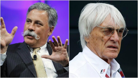 Combo de fotografías de Chase Carey y Bernie Ecclestone.