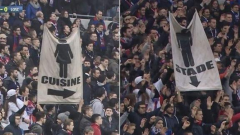 Pancartas machistas durante un partido de fútbol en Francia donde se indica que las mujeres tienen que estar en la concina / CANAL +